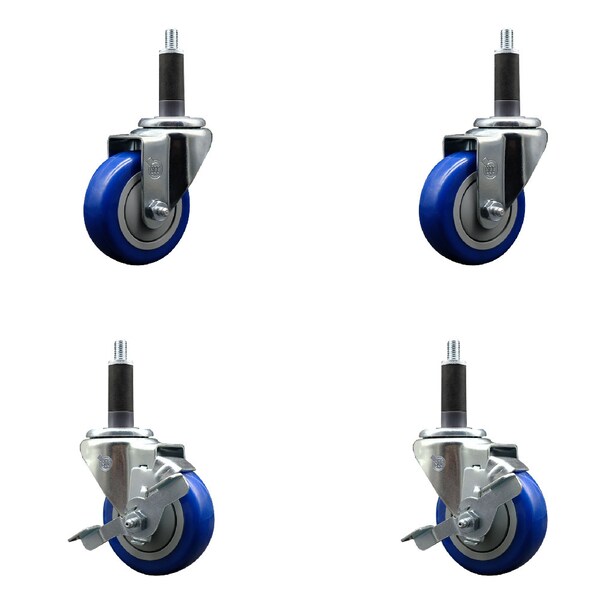 Service Caster 3.5'' SS Blue Poly Wheel Swivel 1'' Expanding Stem Caster Set 2 Brakes, 4PK SCC-SSEX20S3514-PPUB-BLUE-2-TLB-2-1 - main